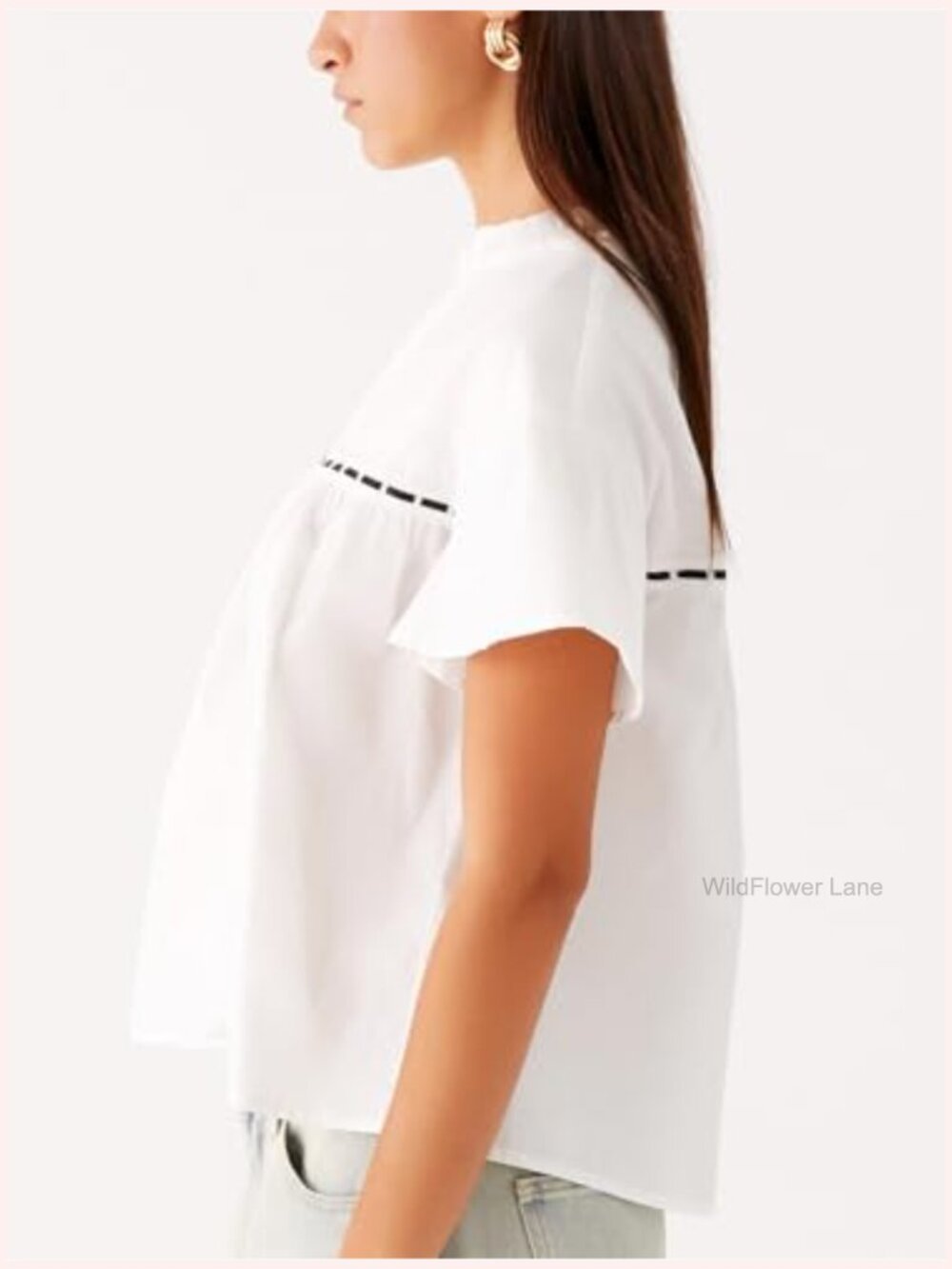 Crew Frill Neckline Short Sleeve Lace Ribbon Boho Blouse - Picture 2 of 4